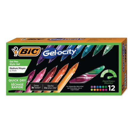 Bic Gel-ocity Quick Dry Retractable Gel Pen, 0.7mm, Asstd Ink/Barrel, PK12 RGLCGA11AST